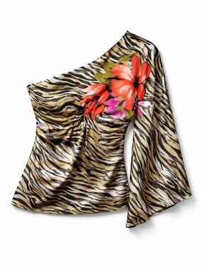 Cache Animal Print One Shoulder Floral Satin Top Asymmetrical Boho Chic XS